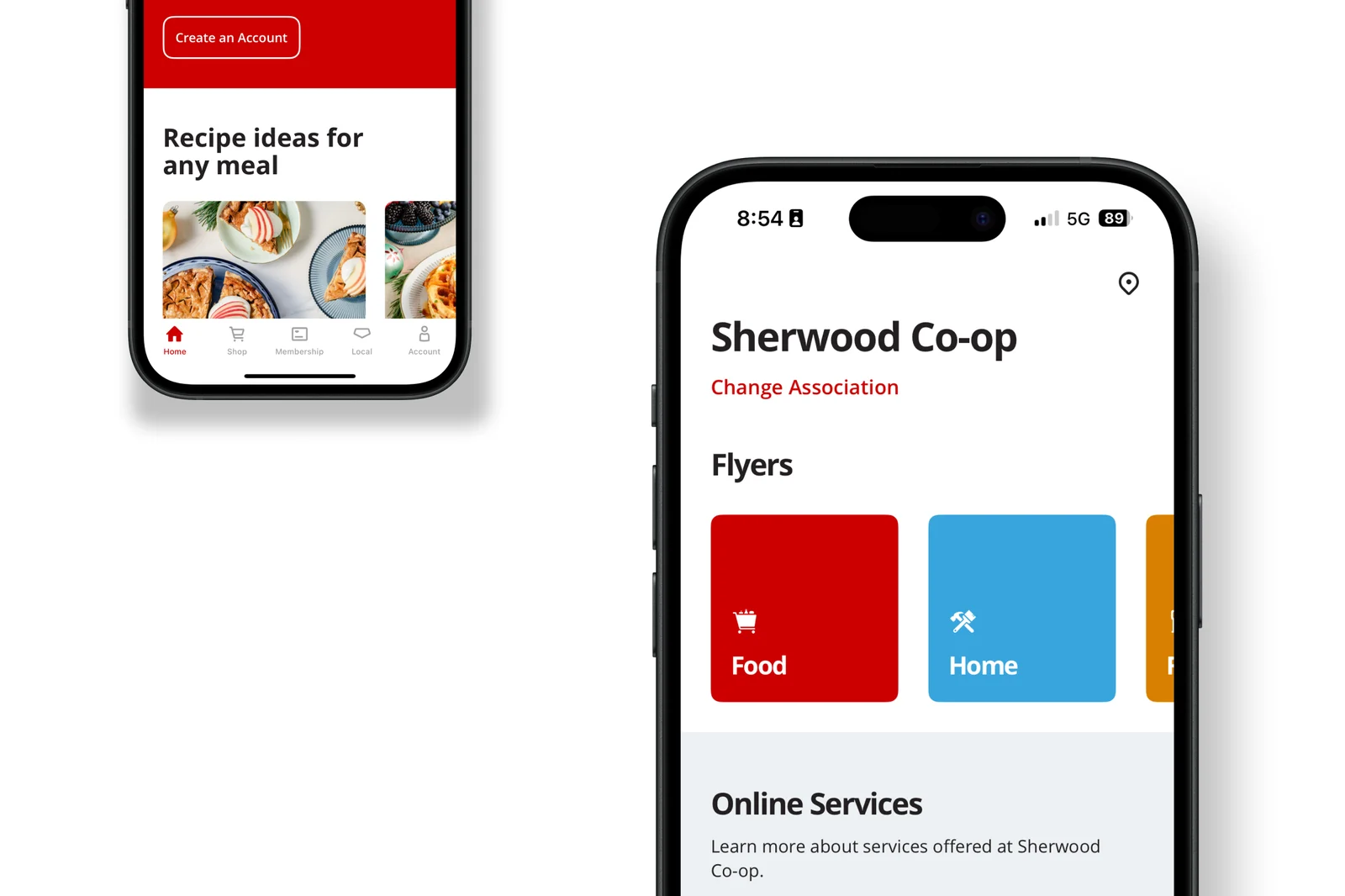 Two smartphone mockups displaying screens from the Federated Co-operatives Limited grocery shopping app, showing a food browsing section and the Sherwood Co-op home screen with flyer categories.