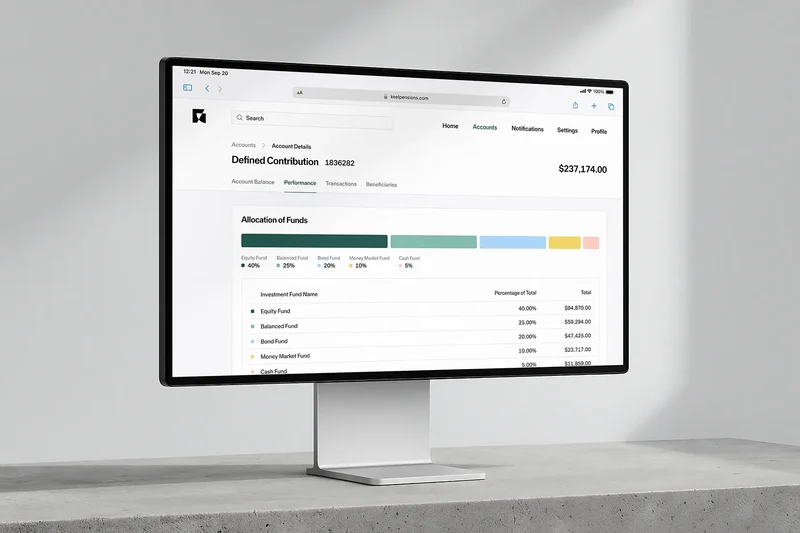 Desktop mockup of the Keel pension platform showcasing a members contribution account