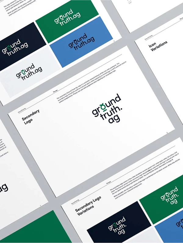 Brand style guide pages for Ground Truth.ag showing logo variations in green, navy, blue, and white color schemes.