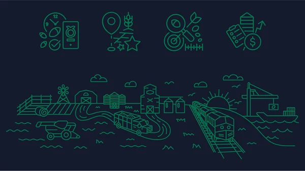 Green line illustration on a dark background depicting an agricultural supply chain, including farm fields, grain silos, a freight train, and a cargo ship, with icons representing mobile tracking, location, crop quality, and payments.