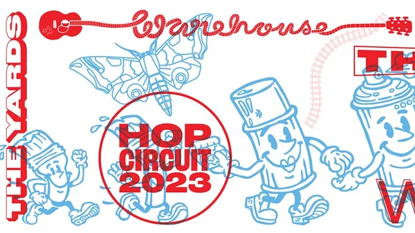 Hop Circuit 2023 event banner for The Yards Warehouse, featuring retro-style illustrated characters and red and blue typography.