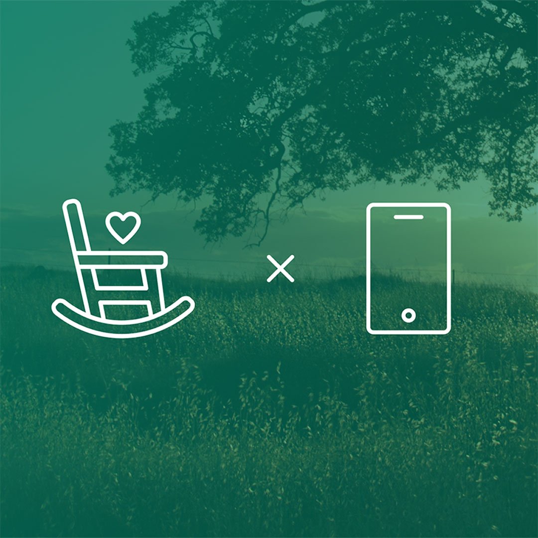 Graphic with a greenish background that fades into a natural scene. In the foreground, there are two white icons, a rocking chair and a mobile device, overlaid on the image.