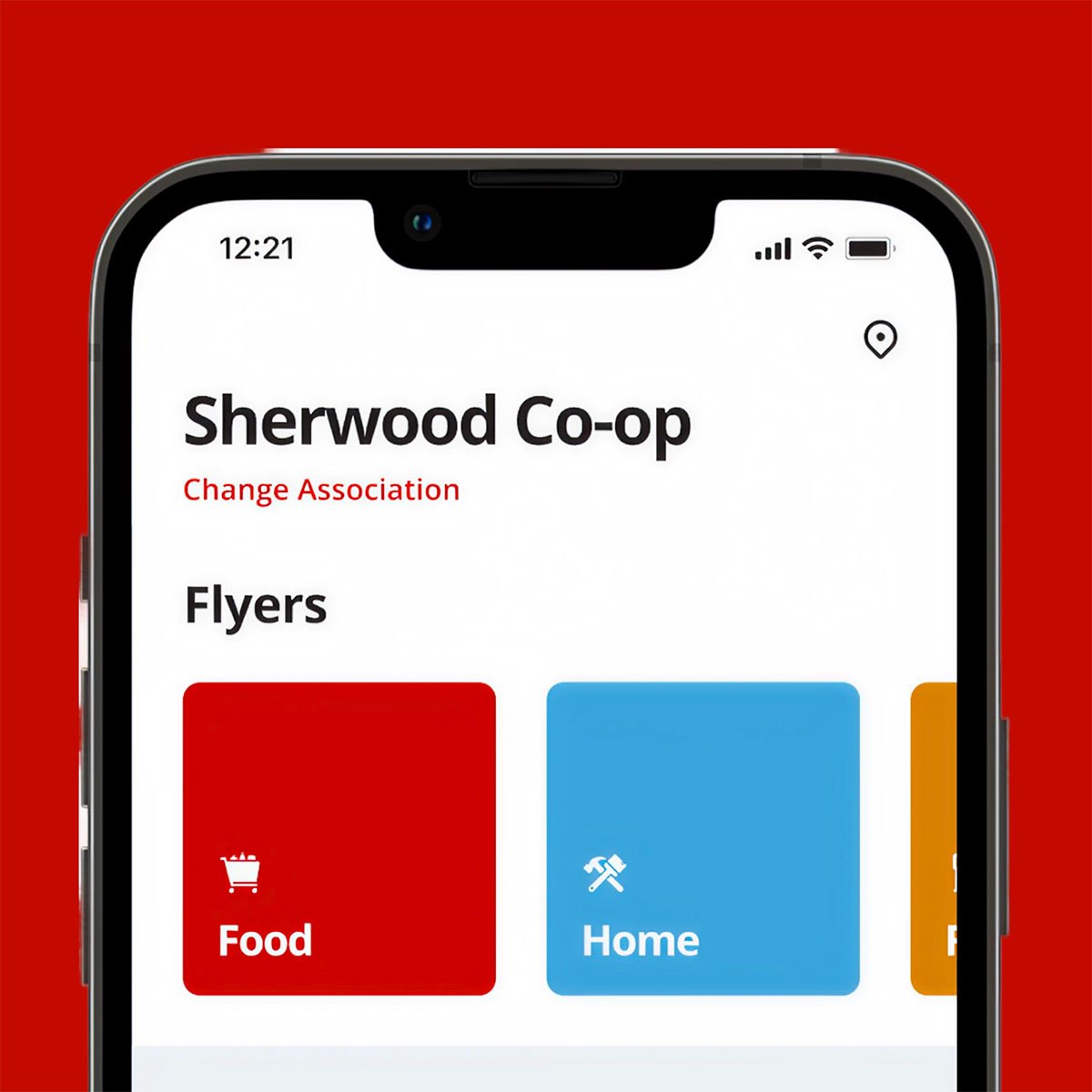 Smartphone displaying the Sherwood Co-op app home screen, showing a Flyers section with Food and Home category tiles.