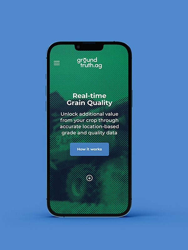 Smartphone mockup displaying the Ground Truth.ag website hero section with the headline 