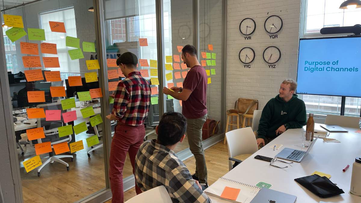 Four team members in a meeting room covered in colorful sticky notes on a glass wall, with a screen displaying 